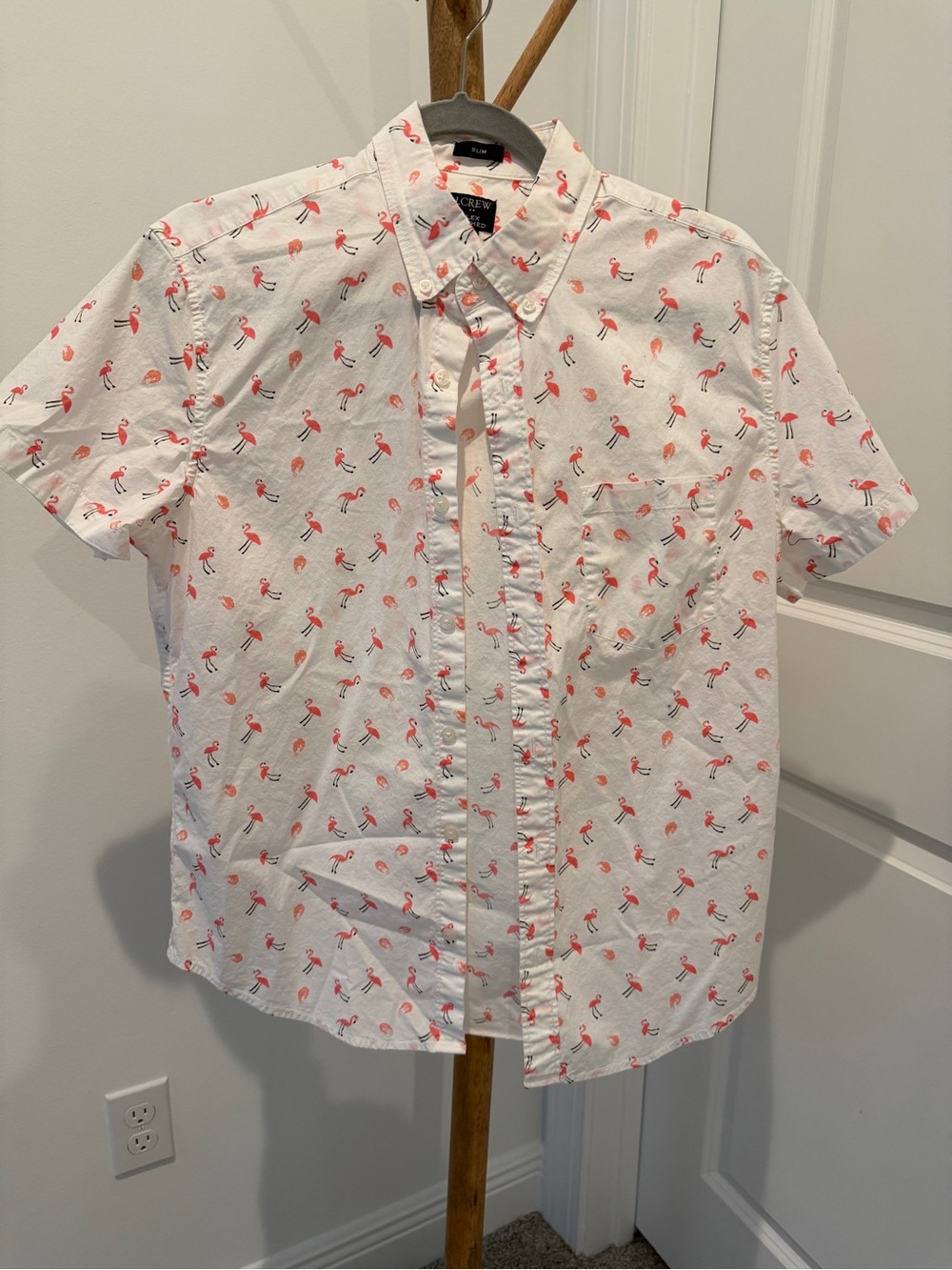 J. Crew White Short-Sleeve Button-Down with Pink Flamingo Print